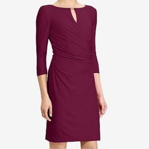 Elegant Red Sheath Dress with Ruched 3/4 Sleeves